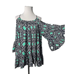 Veronica M Blue Print Flowy Cold-Shoulder Ruffle Tunic Top XS
